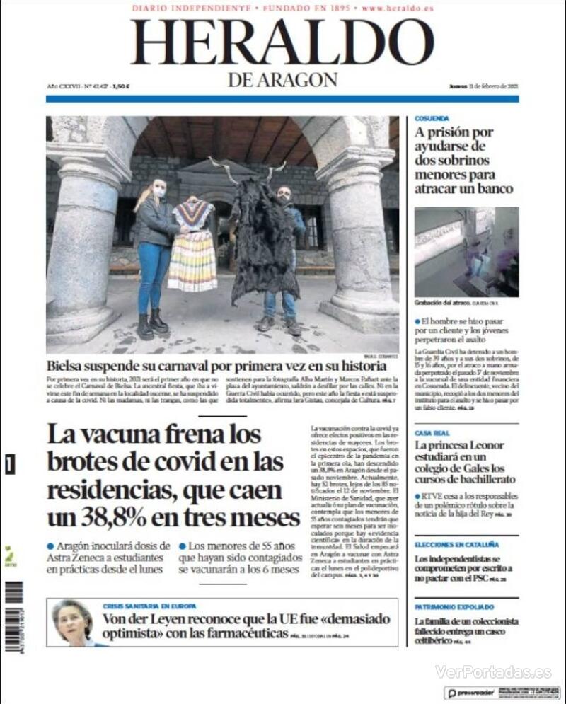 Portada Heraldo de Aragón 2021-02-12