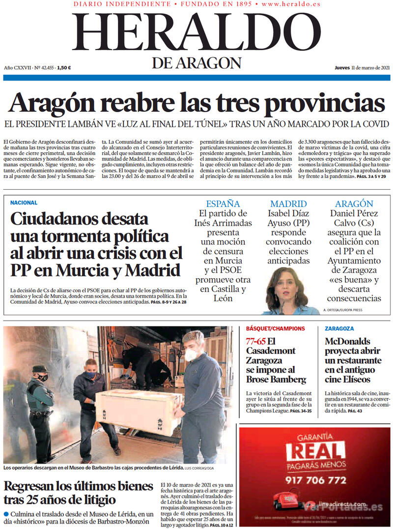 Portada Heraldo de Aragón 2021-03-12