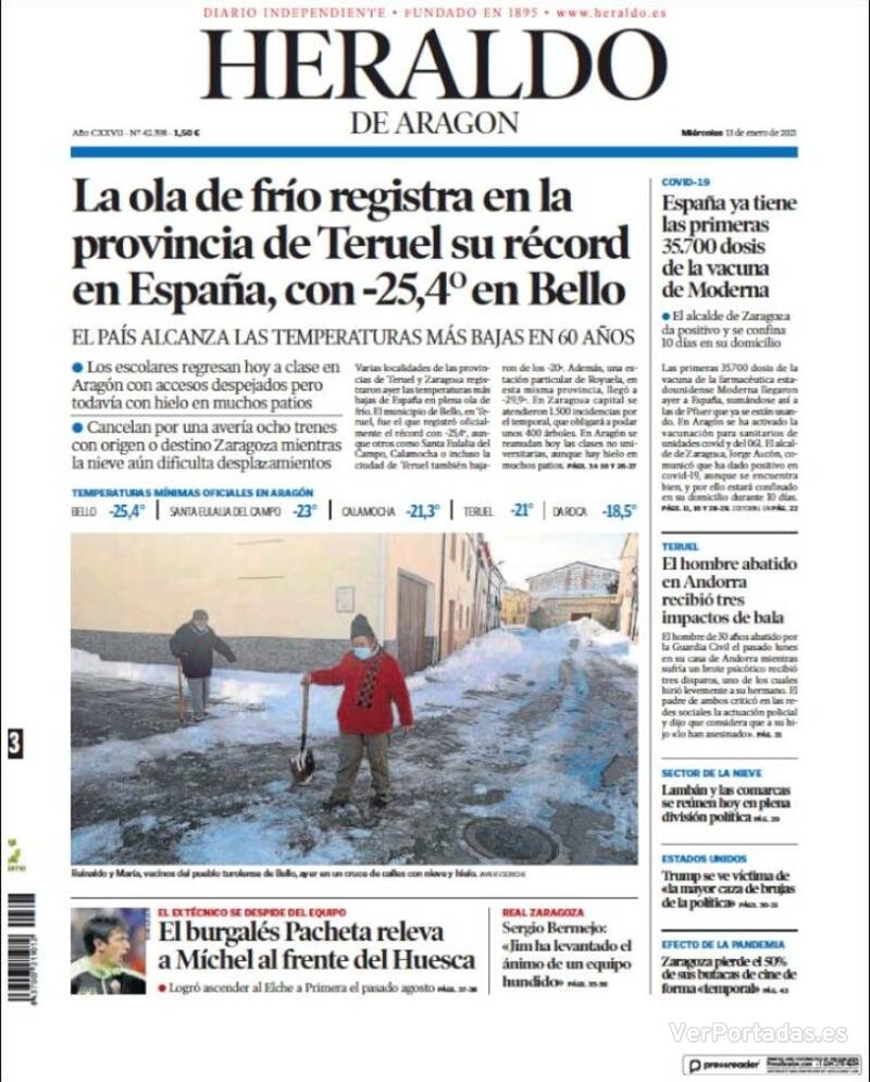 Portada Heraldo de Aragón 2021-01-14