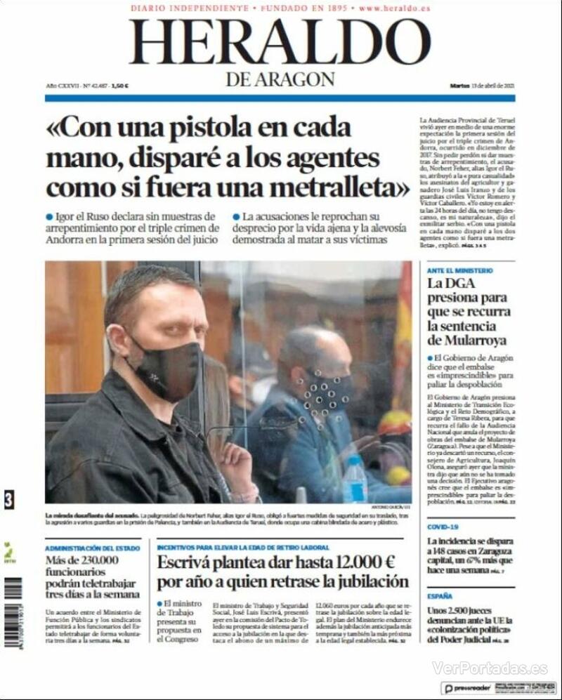 Portada Heraldo de Aragón 2021-04-14