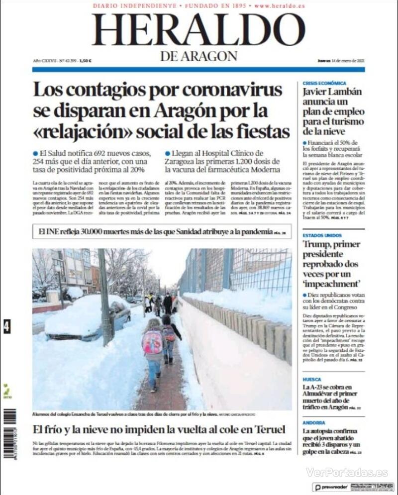 Portada Heraldo de Aragón 2021-01-15