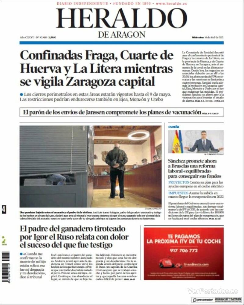 Portada Heraldo de Aragón 2021-04-15