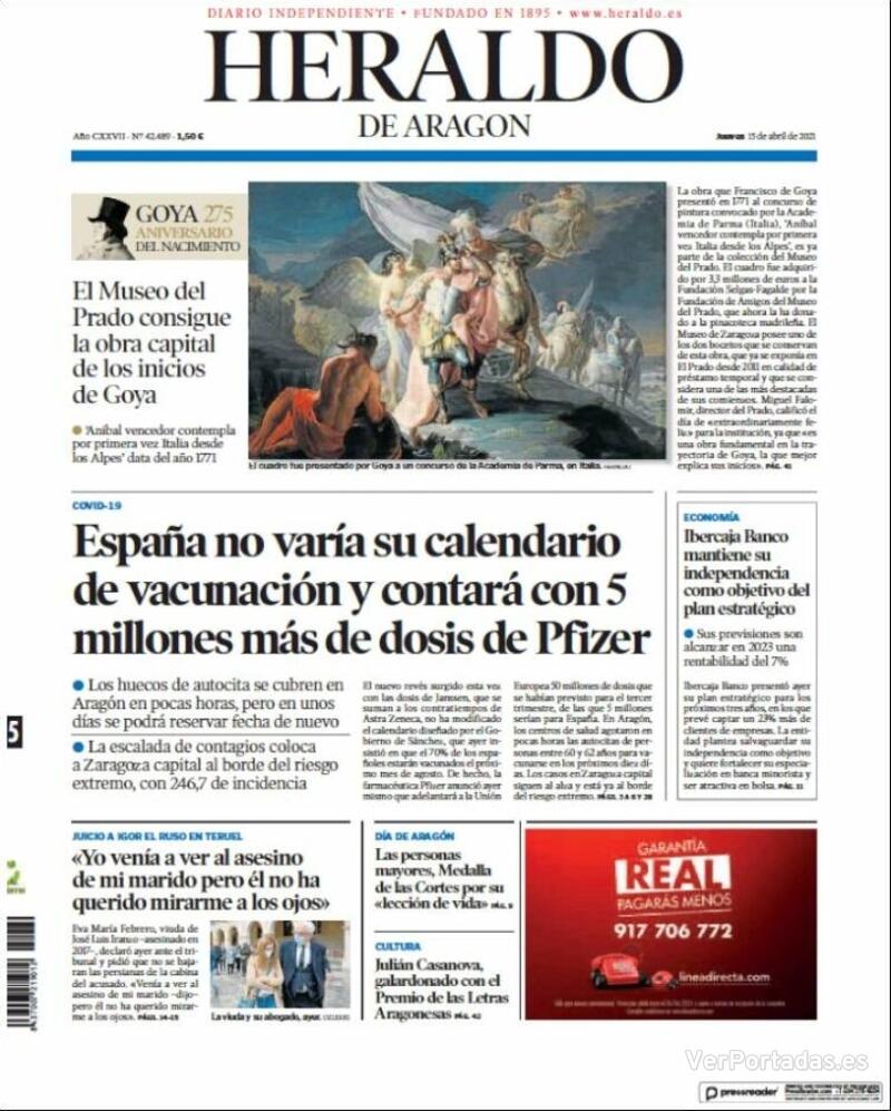 Portada Heraldo de Aragón 2021-04-16