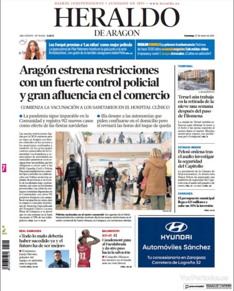 Portada Heraldo de Aragón 2021-01-18