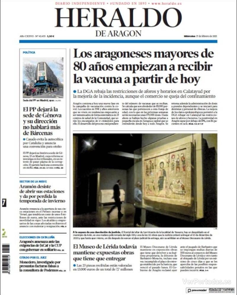 Portada Heraldo de Aragón 2021-02-18