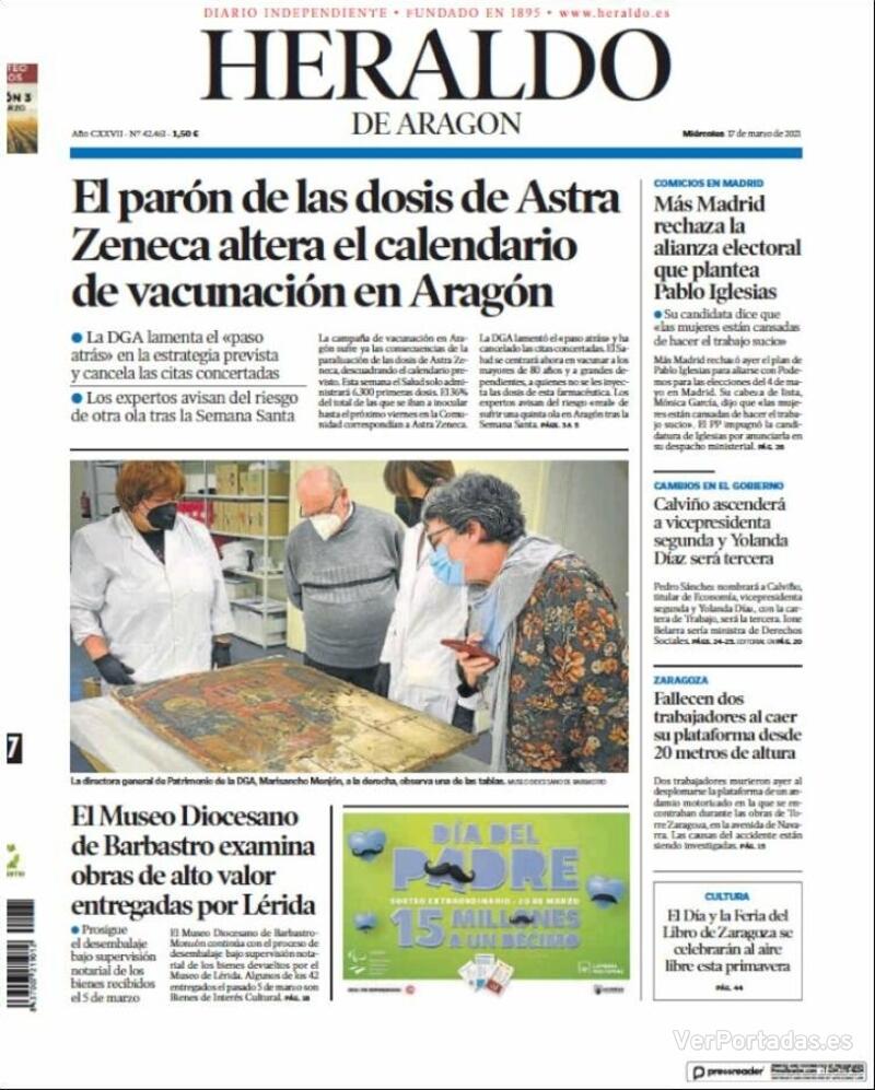 Portada Heraldo de Aragón 2021-03-18