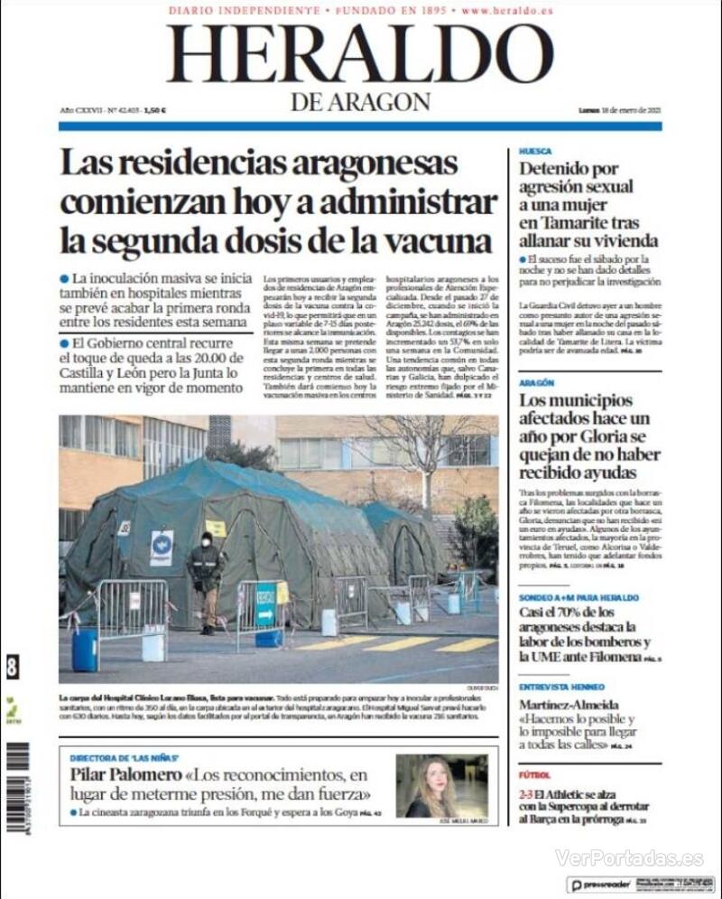 Portada Heraldo de Aragón 2021-01-19