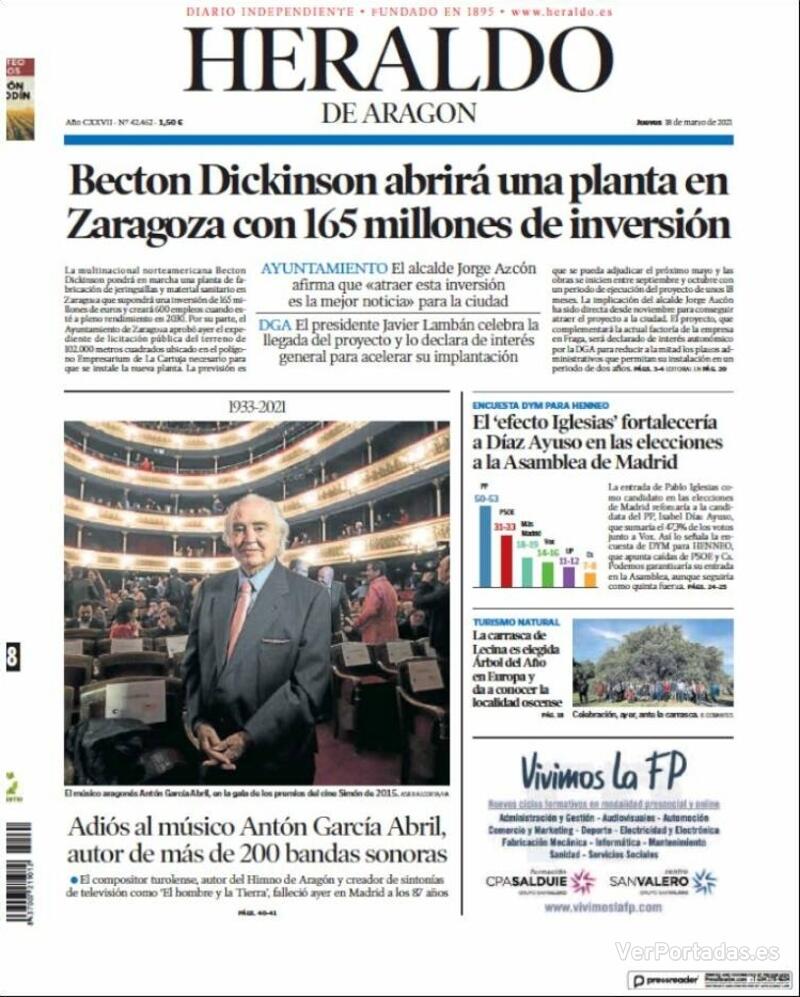 Portada Heraldo de Aragón 2021-03-19