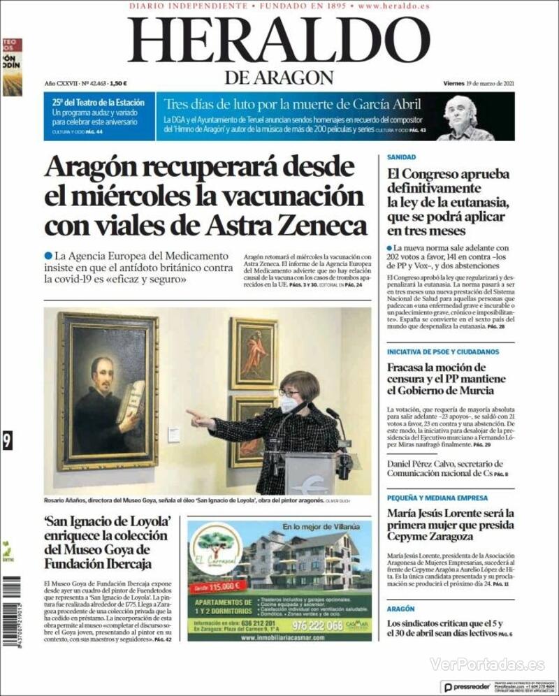 Portada Heraldo de Aragón 2021-03-20