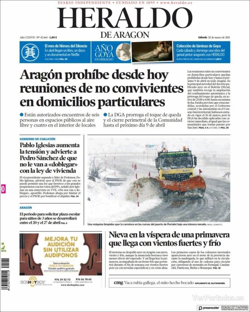Portada Heraldo de Aragón 2021-03-21