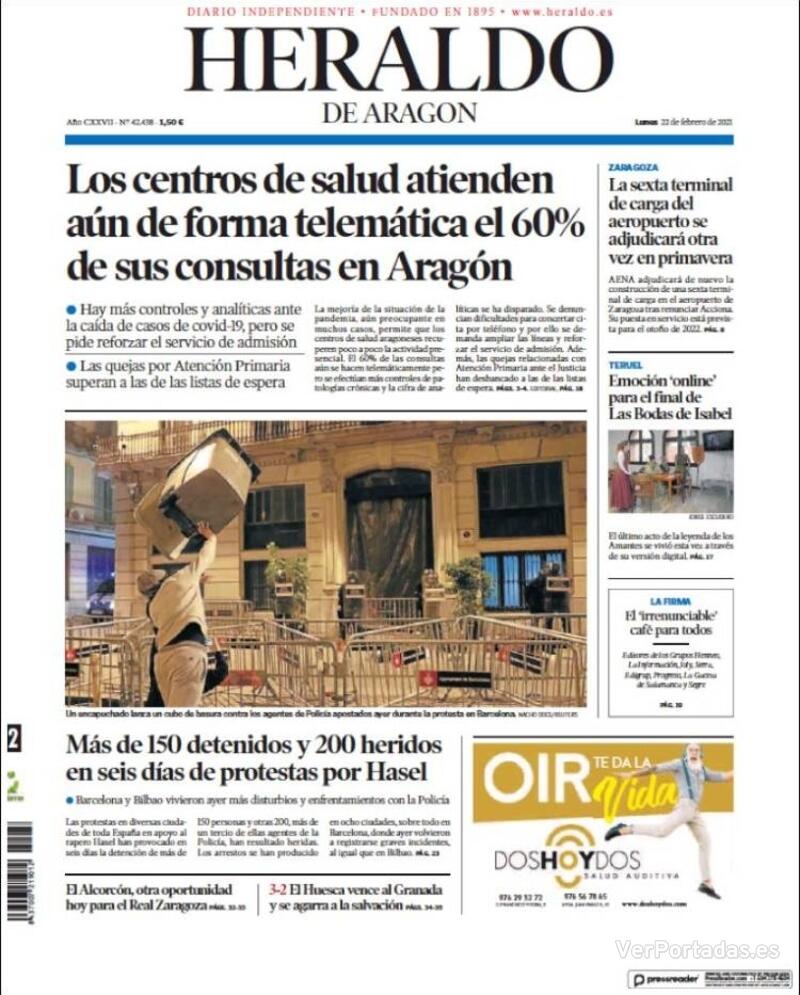 Portada Heraldo de Aragón 2021-02-23