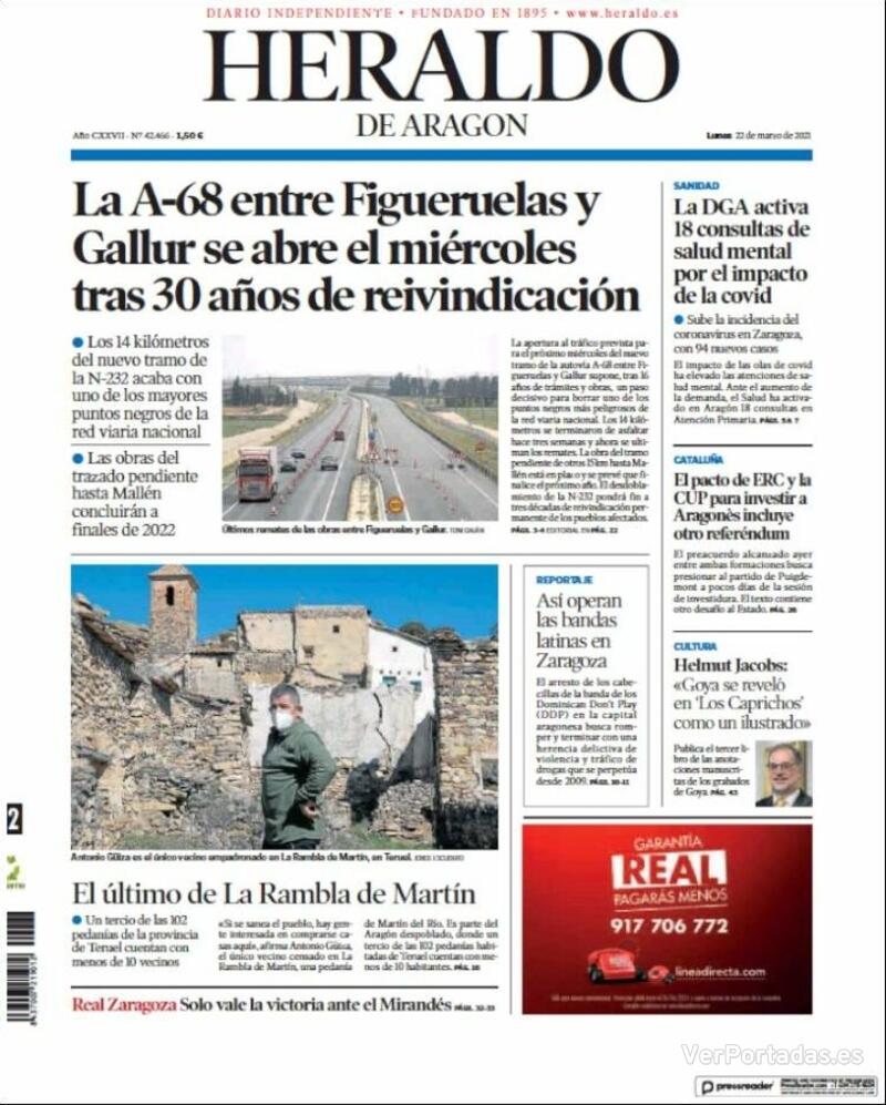 Portada Heraldo de Aragón 2021-03-23