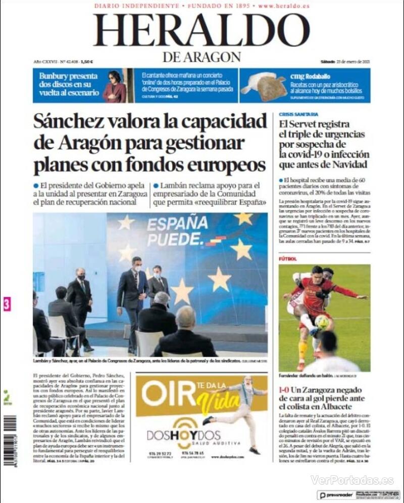 Portada Heraldo de Aragón 2021-01-24