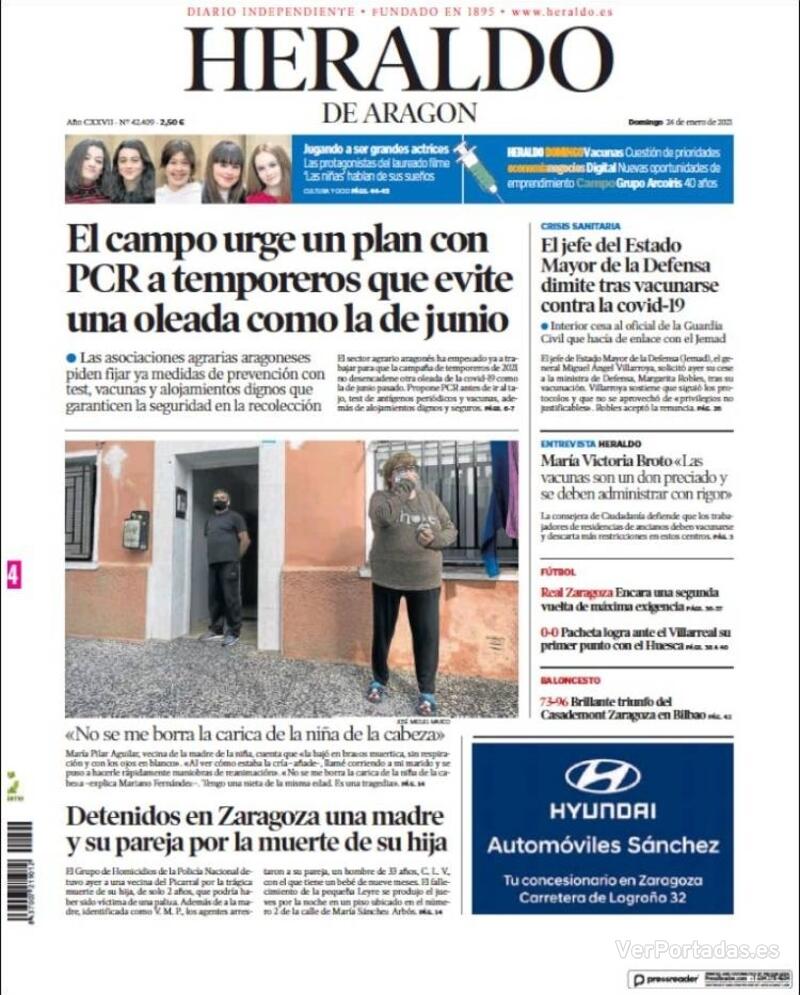 Portada Heraldo de Aragón 2021-01-25