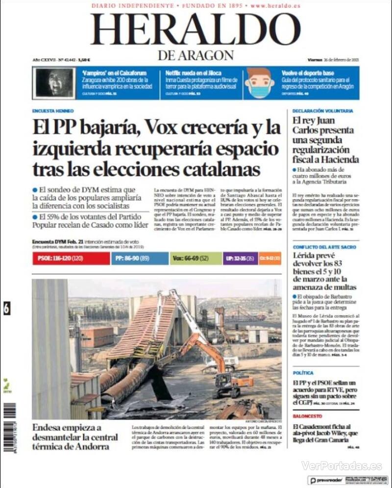Portada Heraldo de Aragón 2021-02-27