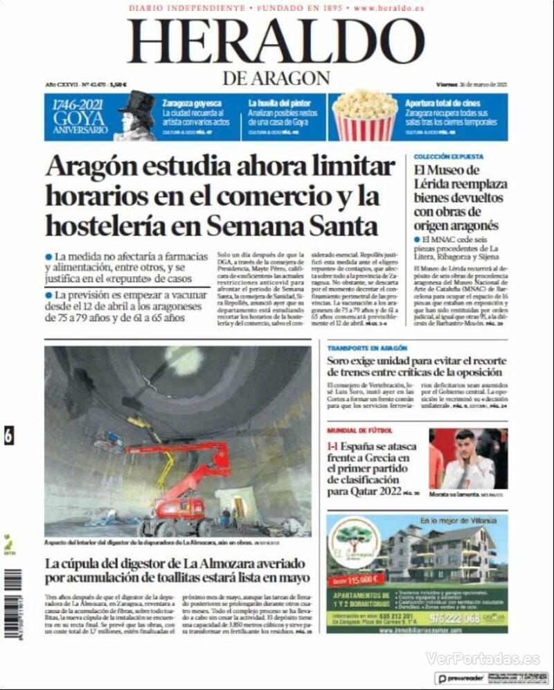 Portada Heraldo de Aragón 2021-03-27