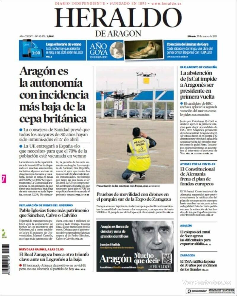Portada Heraldo de Aragón 2021-03-28