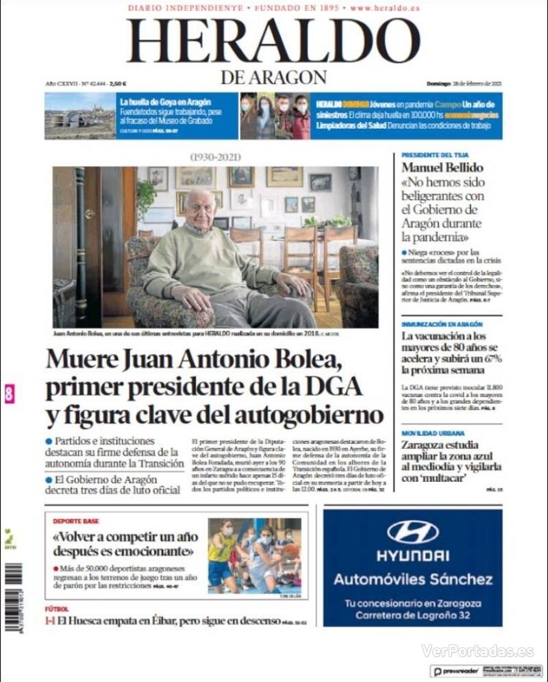 Portada Heraldo de Aragón 2021-03-01