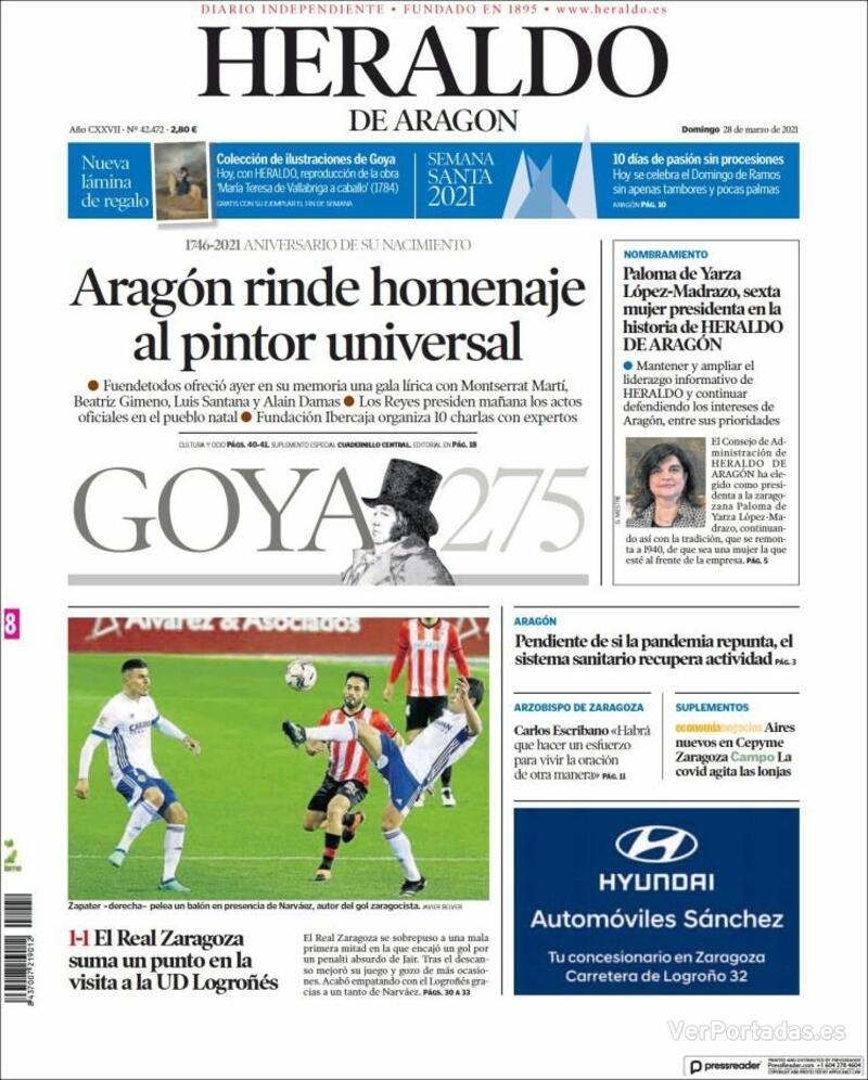 Portada Heraldo de Aragón 2021-03-29
