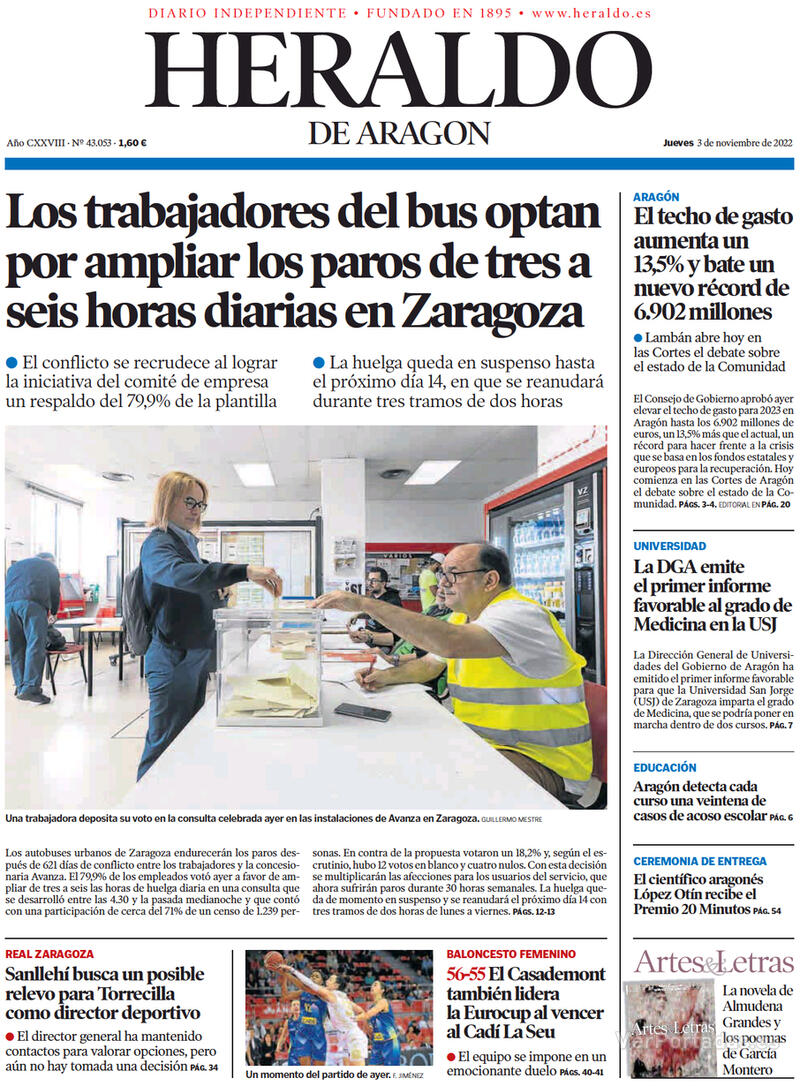 Portada Heraldo de Aragón 2022-11-04