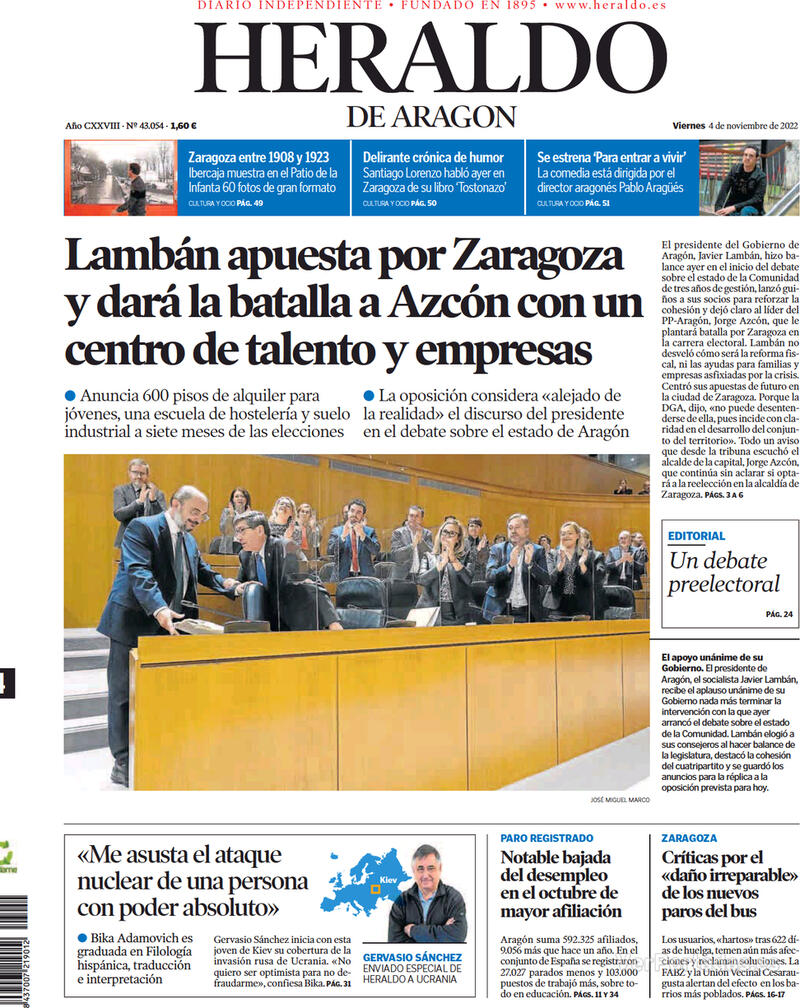 Portada Heraldo de Aragón 2022-11-05