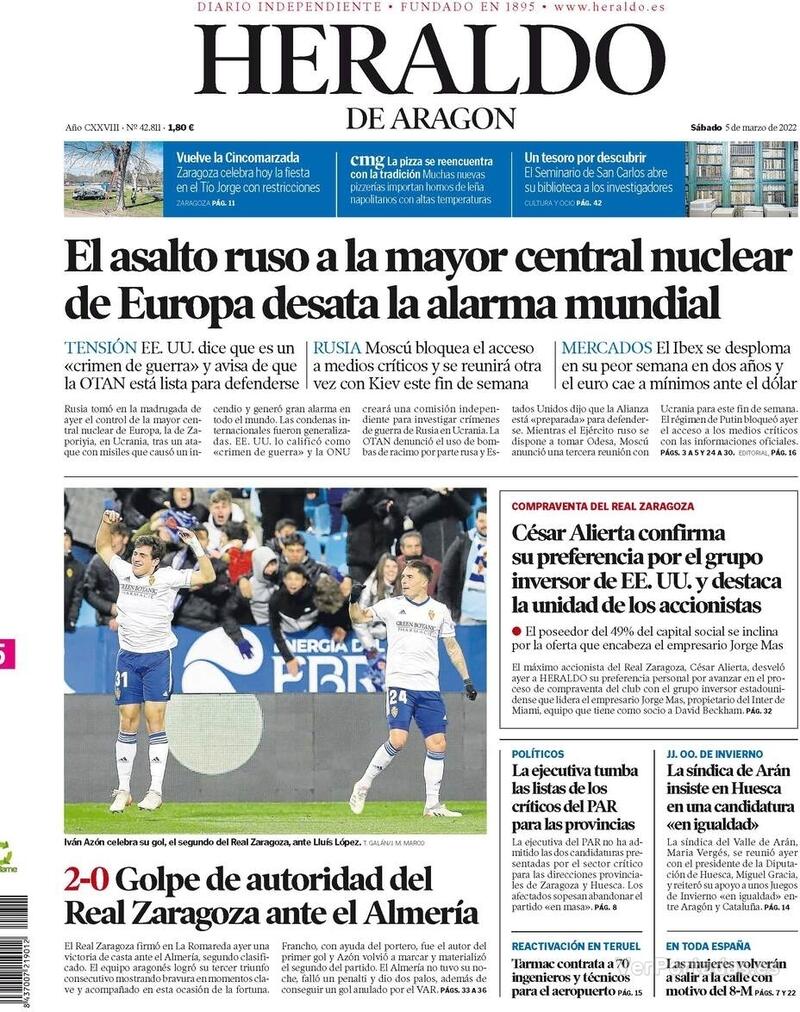 Portada Heraldo de Aragón 2022-03-06