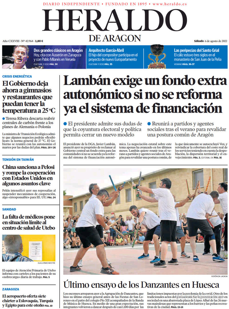 Portada Heraldo de Aragón 2022-08-07