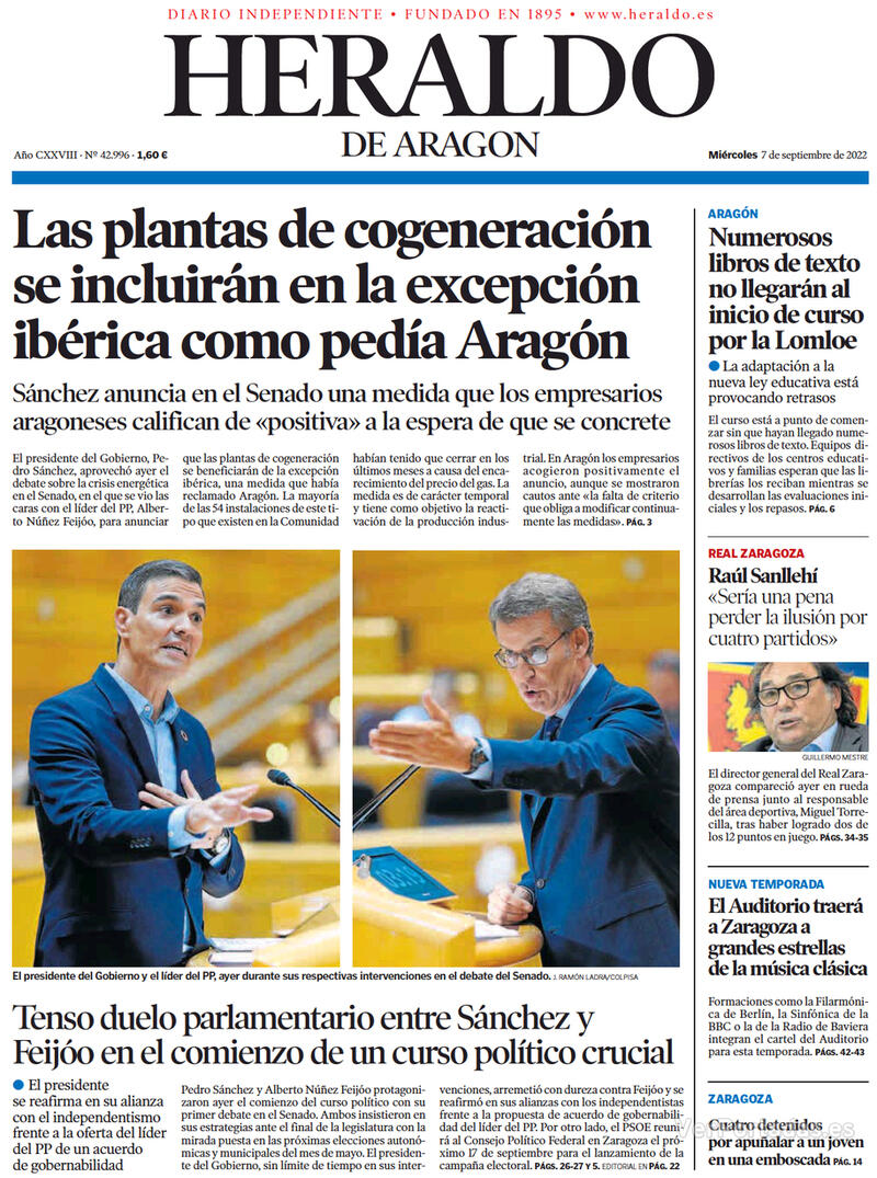 Portada Heraldo de Aragón 2022-09-08