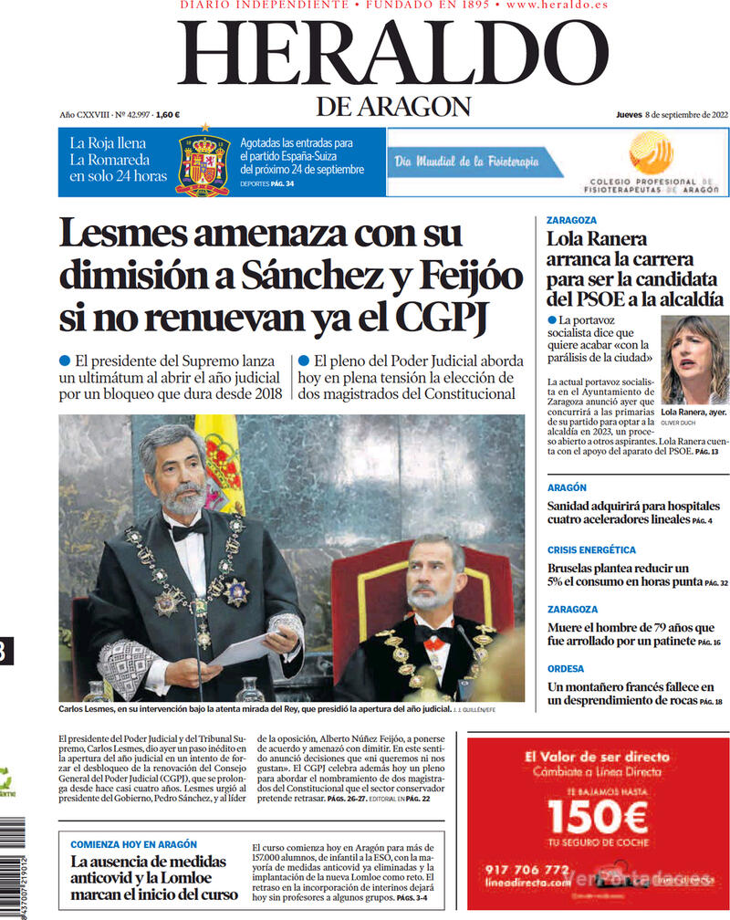 Portada Heraldo de Aragón 2022-09-09