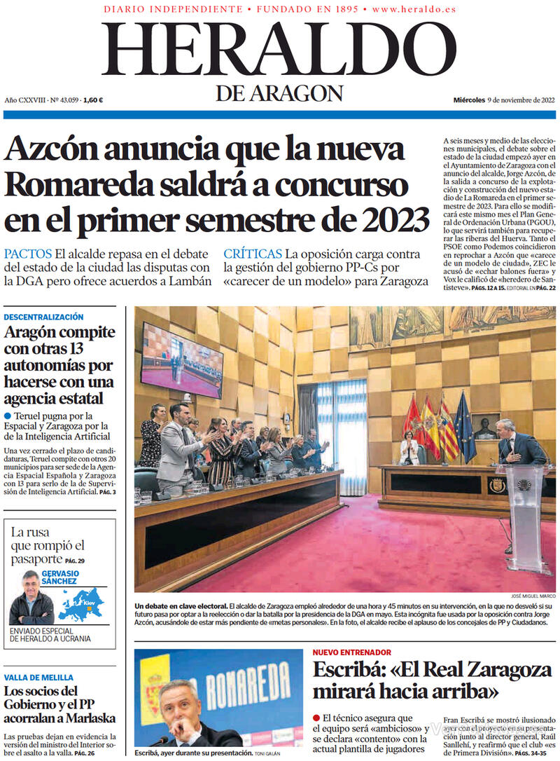 Portada Heraldo de Aragón 2022-11-10
