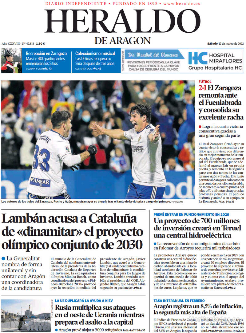 Portada Heraldo de Aragón 2022-03-13