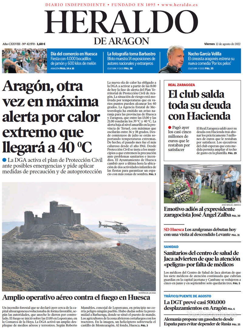 Portada Heraldo de Aragón 2022-08-13