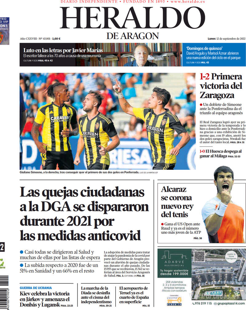 Portada Heraldo de Aragón 2022-09-13