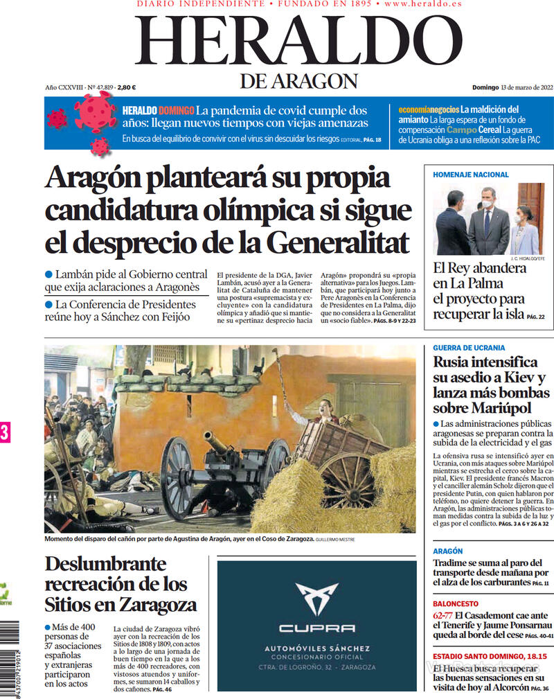 Portada Heraldo de Aragón 2022-03-14