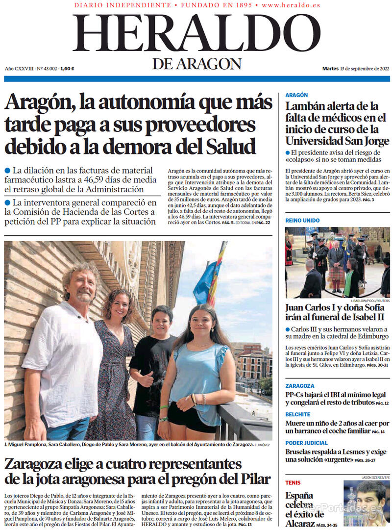 Portada Heraldo de Aragón 2022-09-14