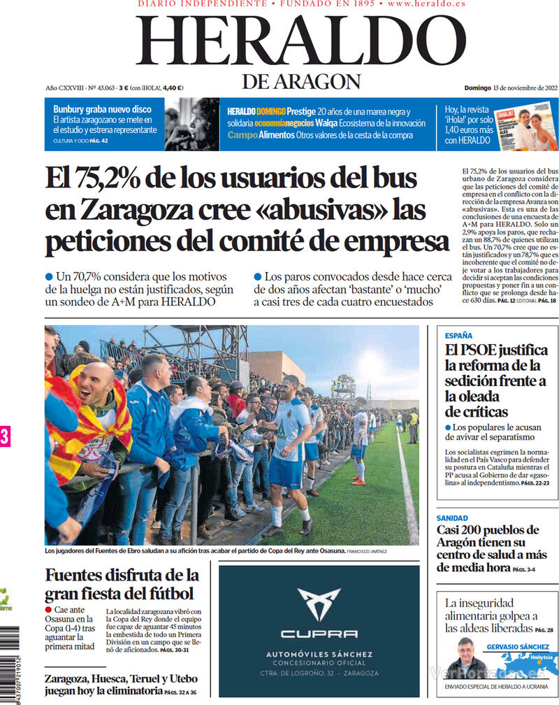 Portada Heraldo de Aragón 2022-11-14