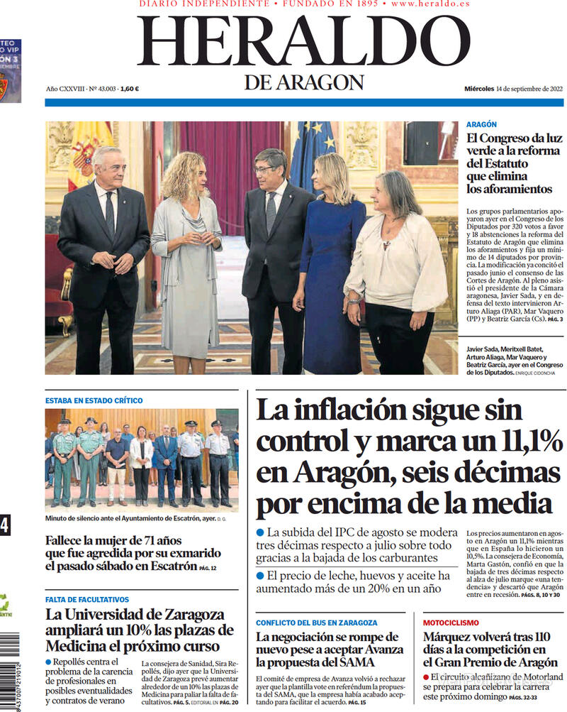 Portada Heraldo de Aragón 2022-09-15