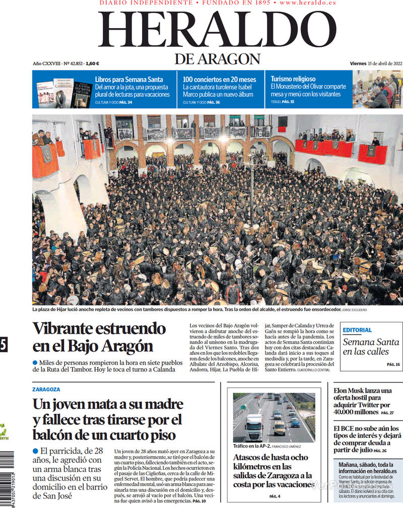 Portada Heraldo de Aragón 2022-04-17
