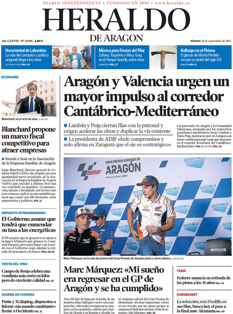Portada Heraldo de Aragón 2022-09-17