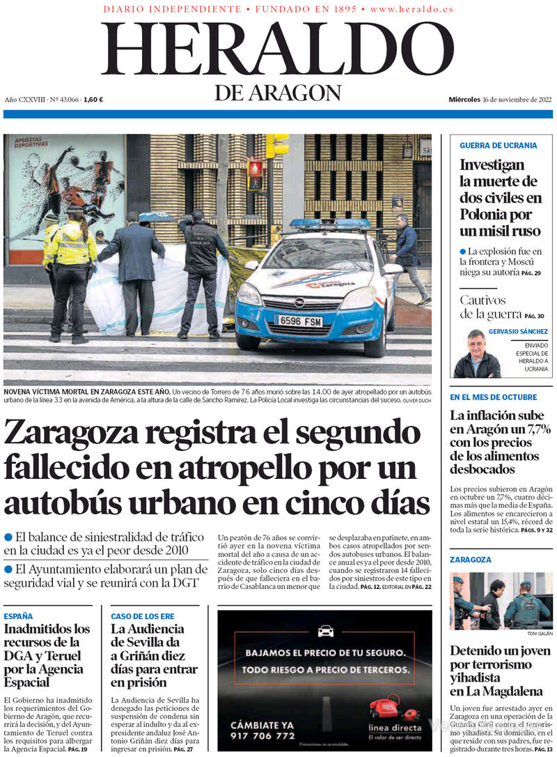Portada Heraldo de Aragón 2022-11-17