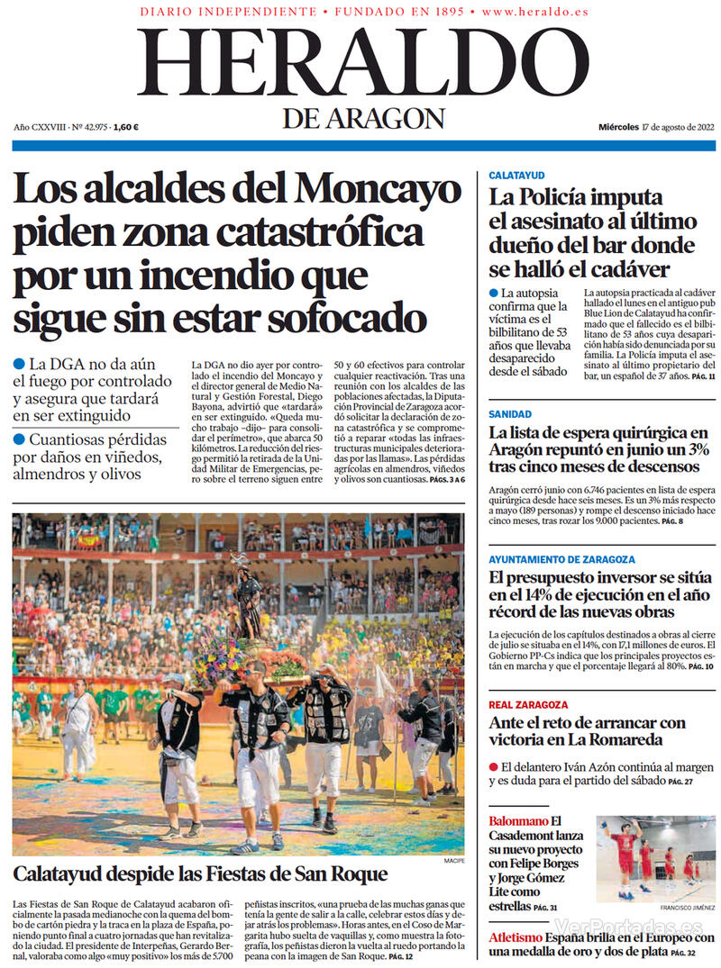 Portada Heraldo de Aragón 2022-08-18