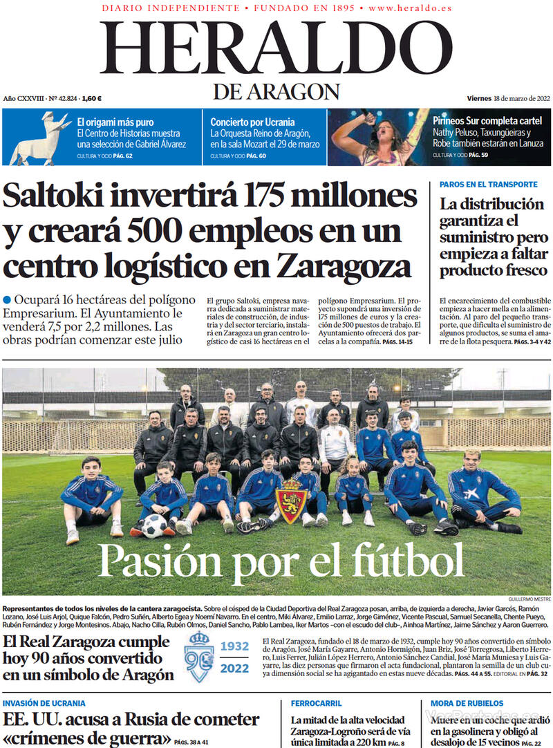 Portada Heraldo de Aragón 2022-03-19