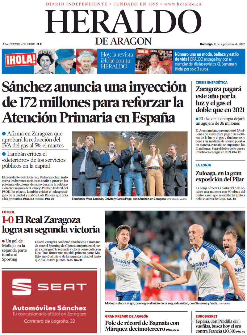 Portada Heraldo de Aragón 2022-09-19