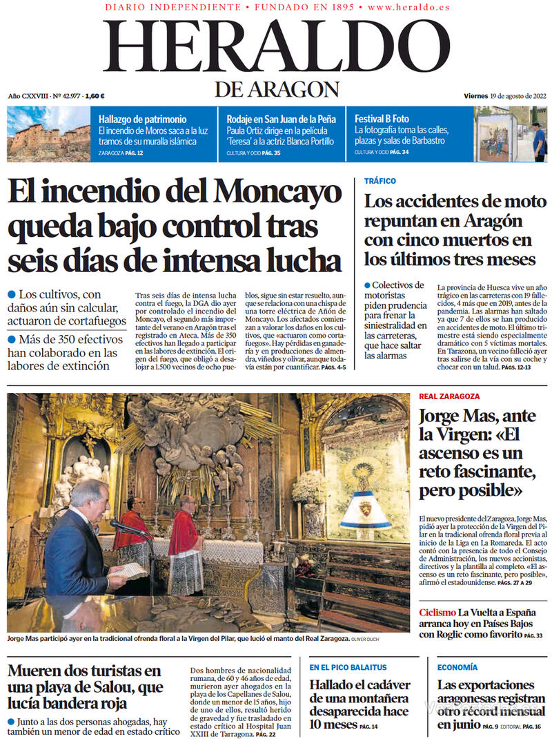 Portada Heraldo de Aragón 2022-08-20