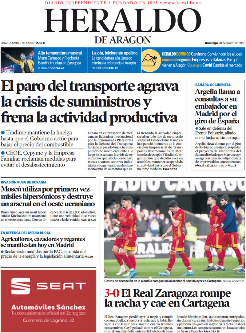 Portada Heraldo de Aragón 2022-03-21