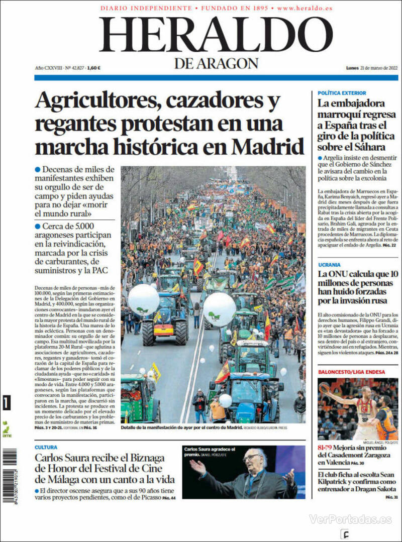 Portada Heraldo de Aragón 2022-03-22