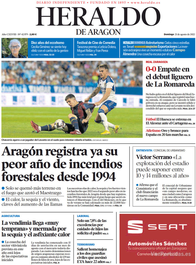 Portada Heraldo de Aragón 2022-08-22