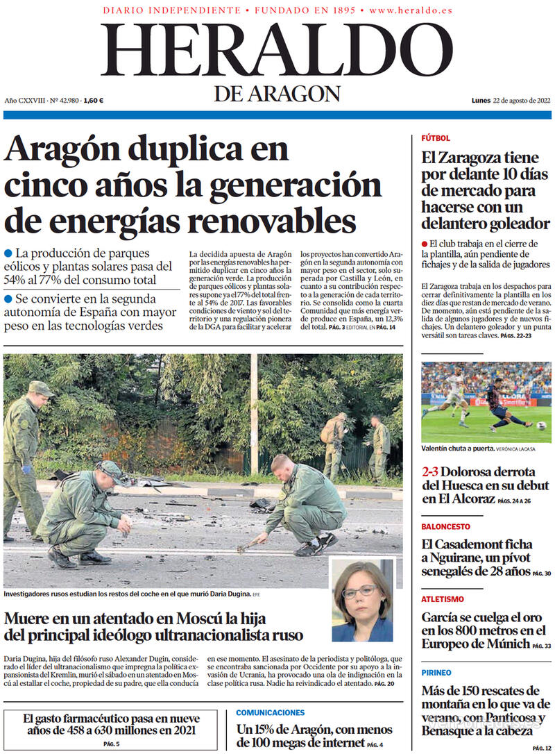 Portada Heraldo de Aragón 2022-08-23