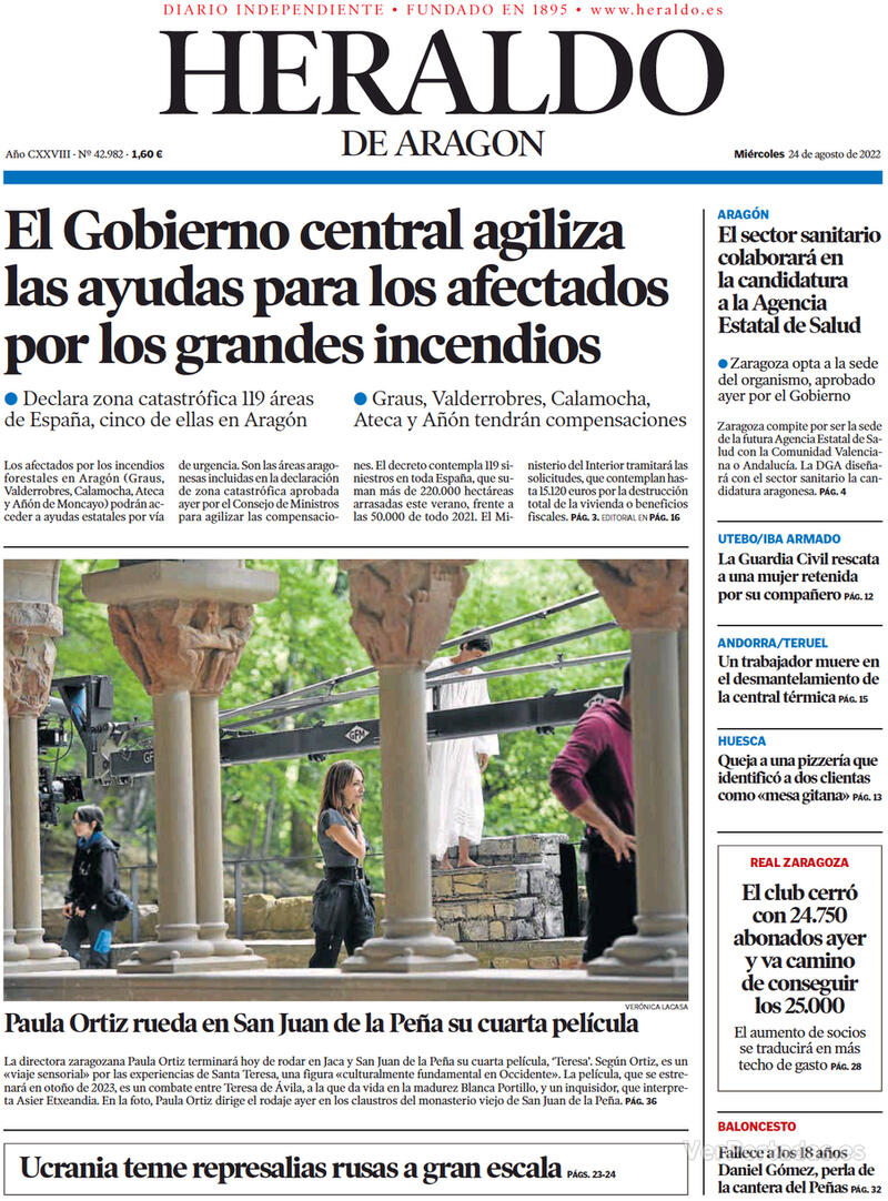 Portada Heraldo de Aragón 2022-08-25