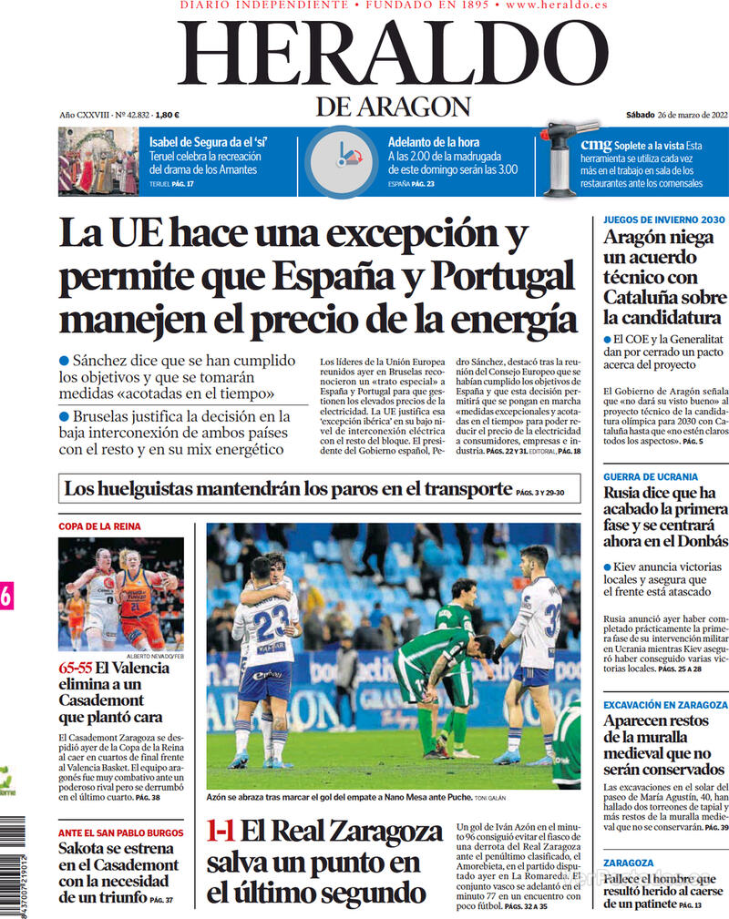 Portada Heraldo de Aragón 2022-03-27